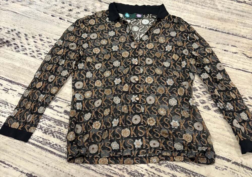 Vintage Ken Scott Sheer Monogram Floral Long Sleeve Button Down Blouse Made in I